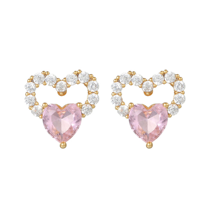 Wholesale Earrings Brass Pink Zircon Heart Earrings MOQ≥2 JDC-ES-WB002