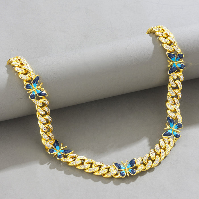 Wholesale Necklace Alloy Rhinestone Enamel Butterfly Cuban Chain Bracelet Anklet Set MOQ≥2 JDC-NE-XuanD005