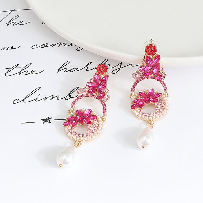 Wholesale Earrings Alloy Pink Diamond Floral Pearls JDC-ES-JJ364