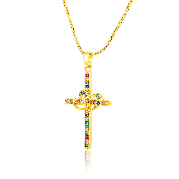 Wholesale Bow Cross Pendant Brass Gold Plated Micro Set Zircon JDC-NE-DRY001