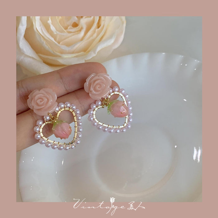 Wholesale Little Strawberry Women Cute Pink Rose Pearl Earrings JDC-ES-Xinx012