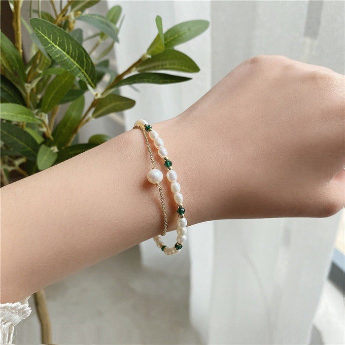 Wholesale Bracelet Pearl Double Baroque Green Crystal JDC-BT-NianJ005