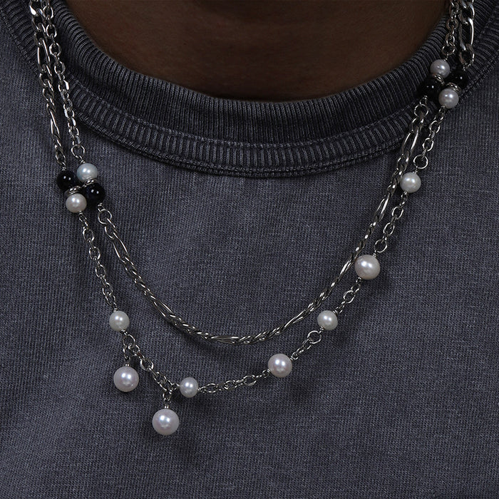 Wholesale Necklace Titanium Steel Vintage Double Layer Wear Natural Pearl Stitching JDC-NE-HONGHUI002