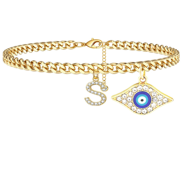 Wholesale 26 English Alphabet Devil's Eye Pendant Cuban Chain Alphabet Anklet JDC-AS-JinM001