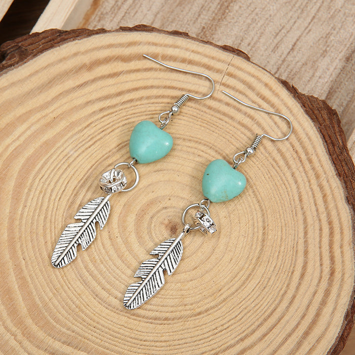 Wholesale Earrings Alloy Heart Shape Turquoise Feather Earrings JDC-ES-Saip072