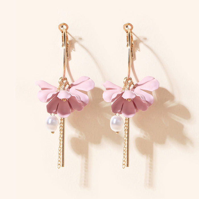 Wholesale Earrings Alloy Pink Flowers Tassel Pearls MQO≥2 JDC-ES-lingg023