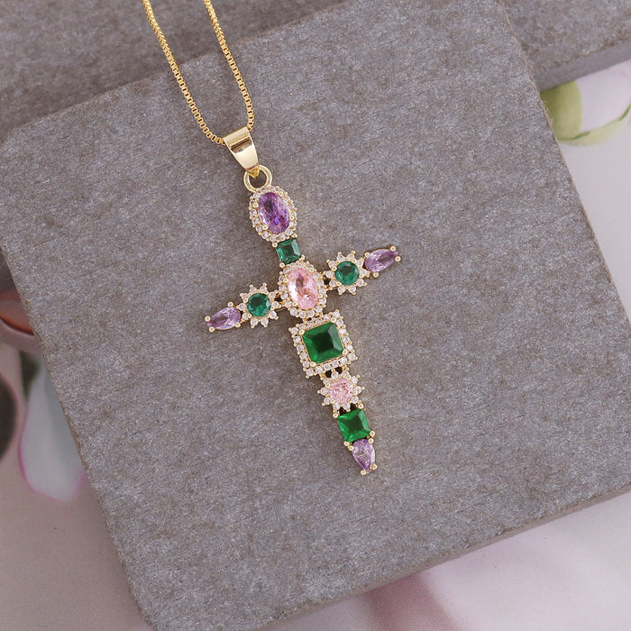 Wholesale Copper Micro Inlaid Zircon Cross Pendant Personality 18K Gold Necklace JDC-NE-Bingm021