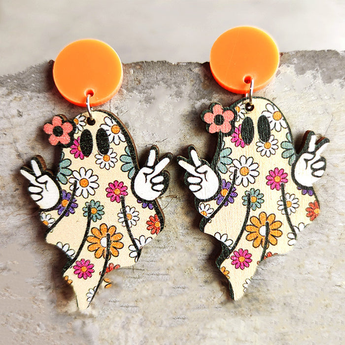 Wholesale Earrings Wooden Halloween Pumpkin Ghost Spider Colorful Flowers 2pcs JDC-ES-Heyi020