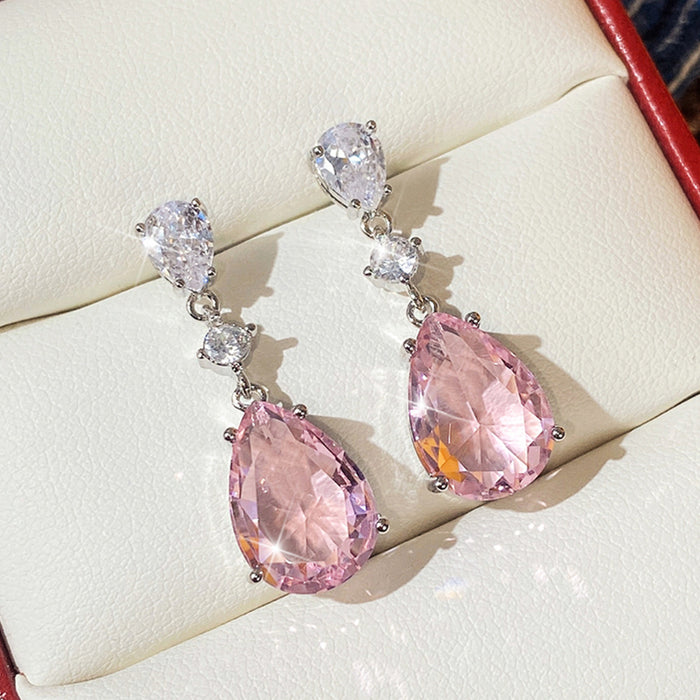 Wholesale Earrings Copper Zircon Pink Drop Shape MOQ≥2 JDC-PREMCAOS-ES-005