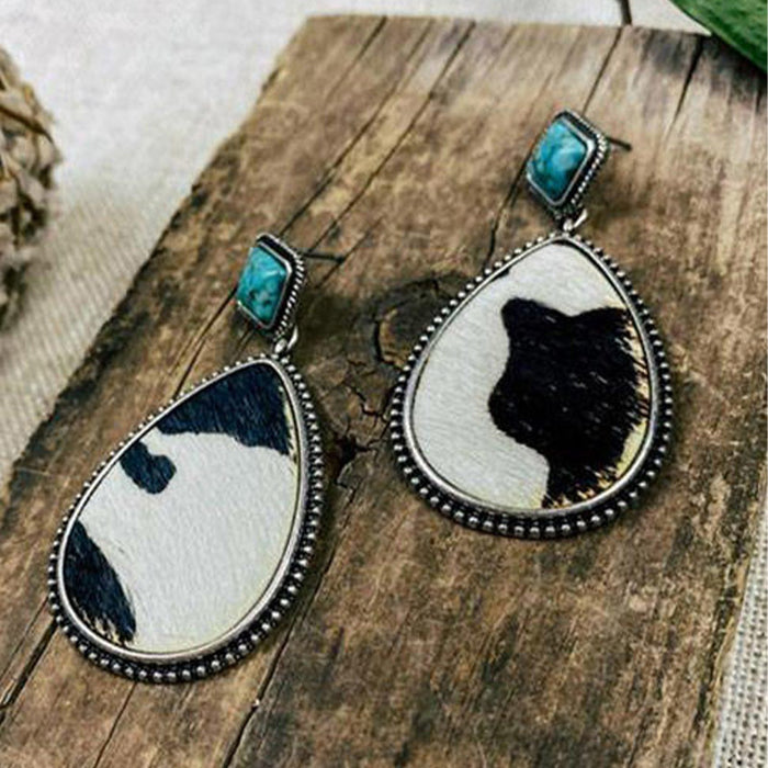 Wholesale retro water drop cow pattern irregular pattern pu earrings MOQ≥2 JDC-ES-Miaos005