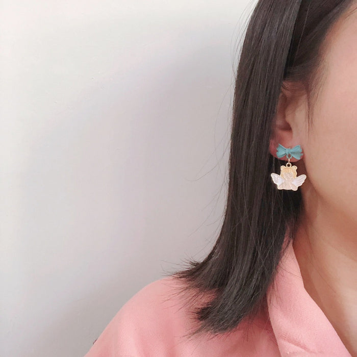 Wholesale Earrings Alloy Blue Bow Knot Asymmetric Angel JDC-ES-MoN010