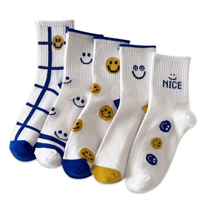 Wholesale Sock Cotton Sweat Absorbing Socks Blue and White Smiley MOQ≥2 JDC-SK-CYu019