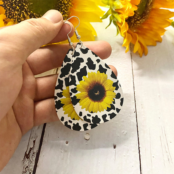 Wholesale Earrings Leather Leopard Sunflower Print Earrings 2 pairs JDC-ES-Qunyi015