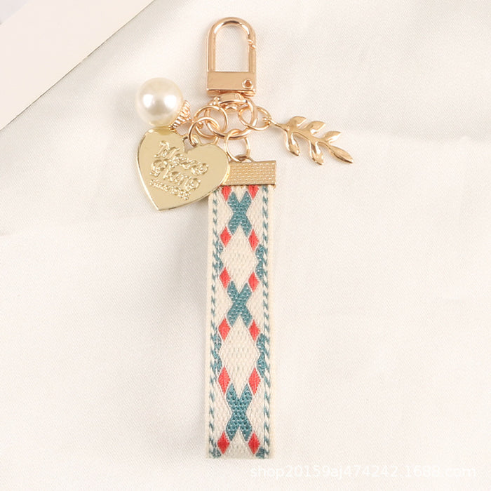 Jewelry WholesaleWholesale Alloy Striped Fabric With Pearl Heart Keychain JDC-KC-YiHan001 Keychains 伊菡 %variant_option1% %variant_option2% %variant_option3%  Factory Price JoyasDeChina Joyas De China