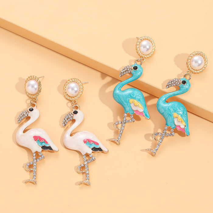 Wholesale Earrings Alloy Enamel White Crane Pendant Pearl Stud Earrings MOQ≥2 JDC-ES-JUYAO011