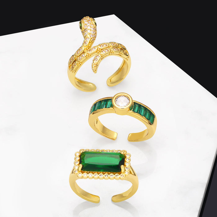 Wholesale Ring Copper Plated 18K Gold Zircon Emerald Snake Adjustable JDC-PREMAS-RS-017