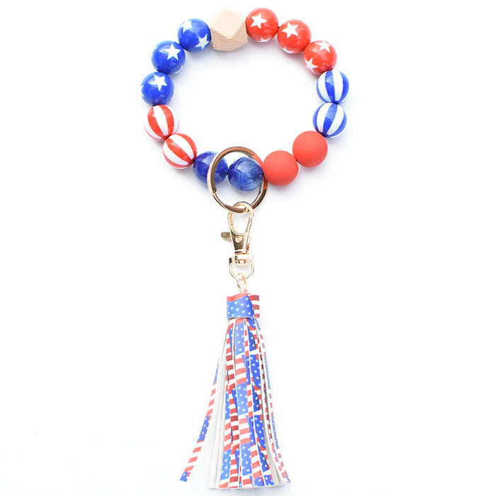 Wholesale 4th of July American Flag Independence Day Wooden Beaded Wristlet Keychain MOQ≥2 JDC-KC-MaoL001