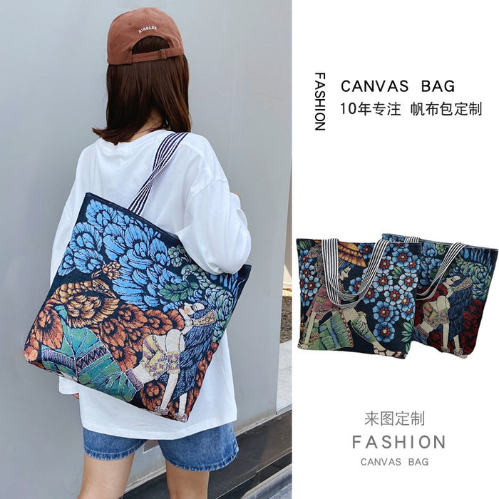 Wholesale Handbag Canvas Ethnic Style Retro Painted Shoulder Tote Bag MOQ≥2 JDC-HB-Weis001