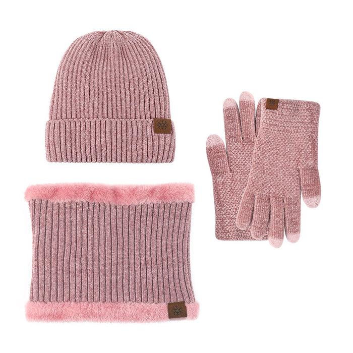 Wholesale Hat Acrylic Chenille Thermal Bib Gloves 3pcs Set JDC-FH-HongX003