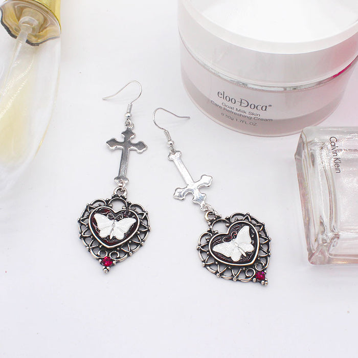 Jewelry WholesaleWholesale alloy cross heart shape ancient silver drip oil white butterfly gemstone earrings JDC-ES-YYFF001 Earrings 燕羽飞飞 %variant_option1% %variant_option2% %variant_option3%  Factory Price JoyasDeChina Joyas De China