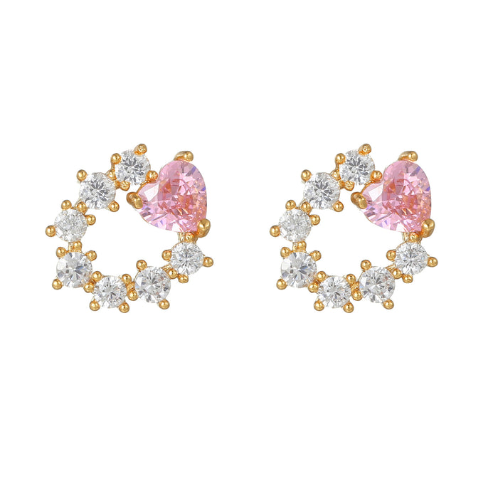 Wholesale Earrings Brass Pink Zircon Heart Earrings MOQ≥2 JDC-ES-WB002