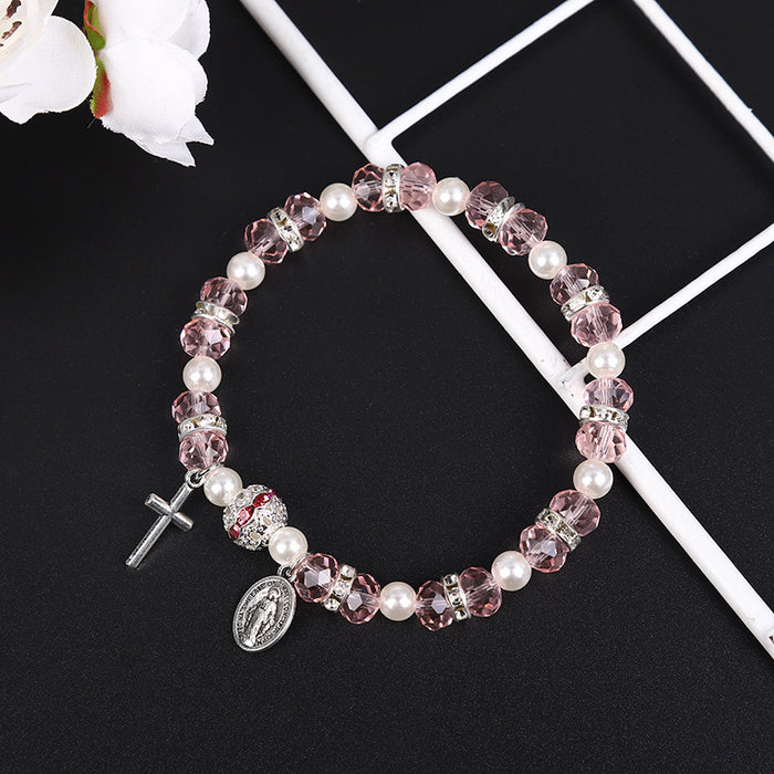 Wholesale Bracelet Alloy Pink Crystal Glass Pearl Cross Bead String MOQ≥10 JDC-BT-ShanS005