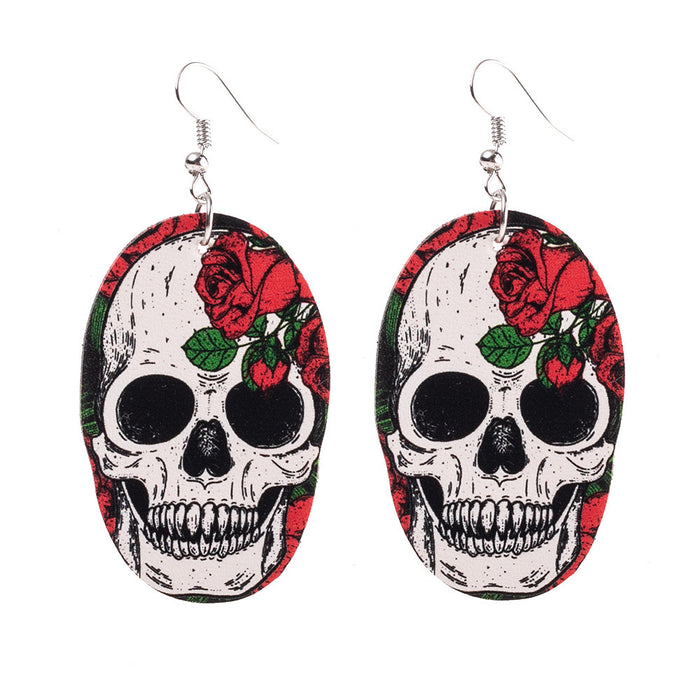 Wholesale rose leopard print star funny skull pu leather earrings JDC-ES-saip053