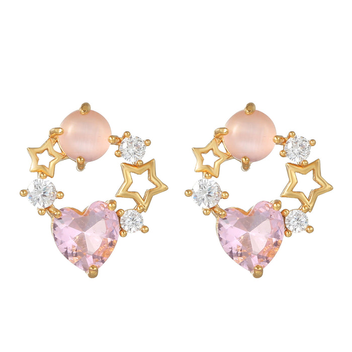 Wholesale Earrings Brass Pink Zircon Heart Earrings MOQ≥2 JDC-ES-WB002