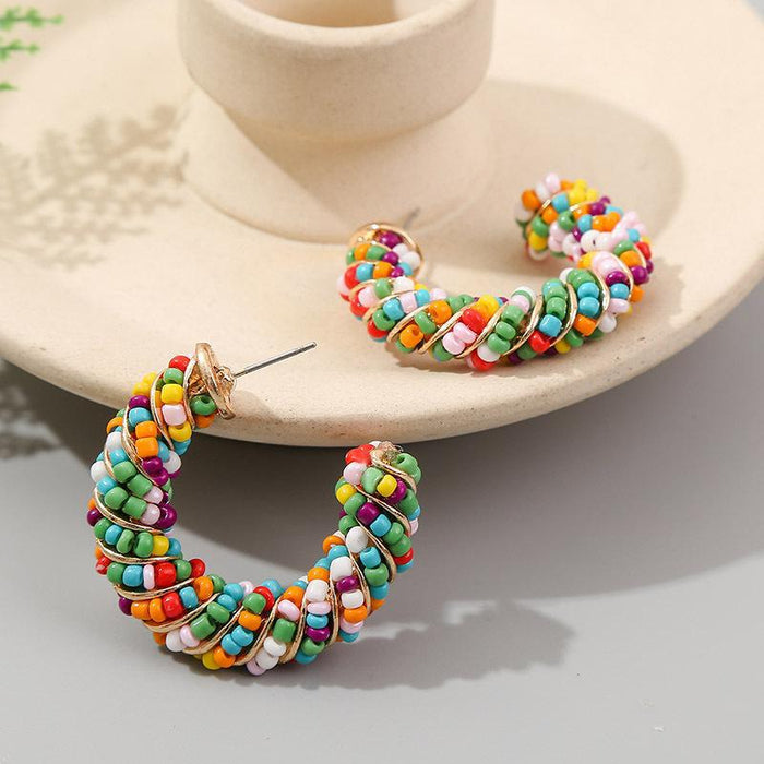 Wholesale Bohemian C Shape Rice Bead Braided Resin Alloy Earrings MOQ≥2 JDC-ES-OuZhe001