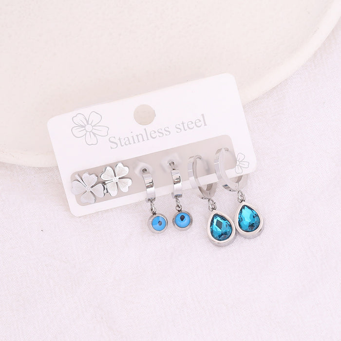 Wholesale Clover Water Drop Zircon Stainless Steel Earrings Set JDC-ES-Bingm020