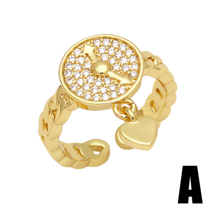 Wholesale Ring Copper Plated 18K Gold Zircon Clock Heart Shape Adjustable JDC-PREMAS-RS-001