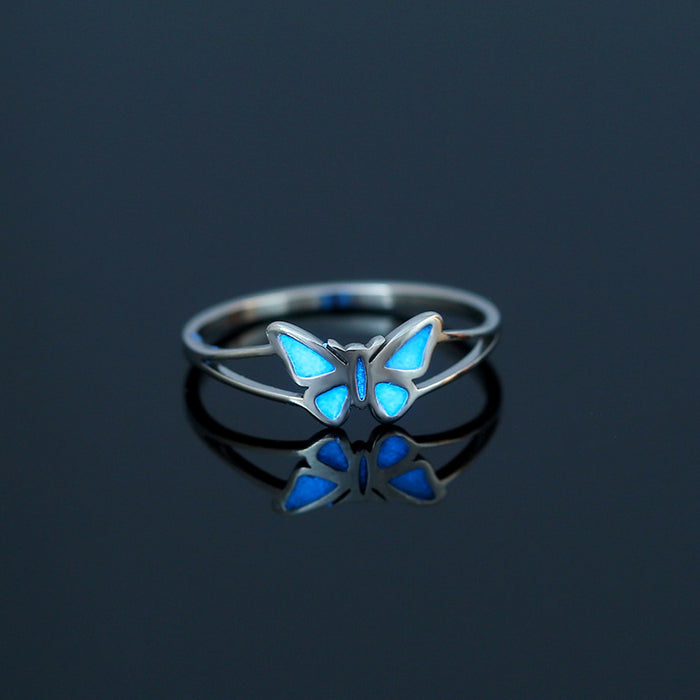 Wholesale Zircon Stainless Steel Heart Butterfly Blue Luminous Ring MOQ≥2 JDC-RS-DB001