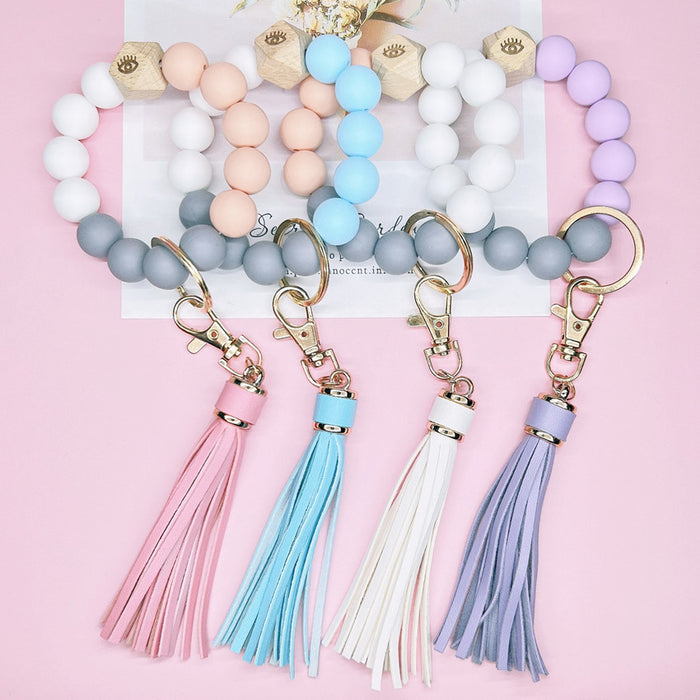 Wholesale Silicone Beaded Leather Tassel Wrist Keychain JDC-KC-WuoD020