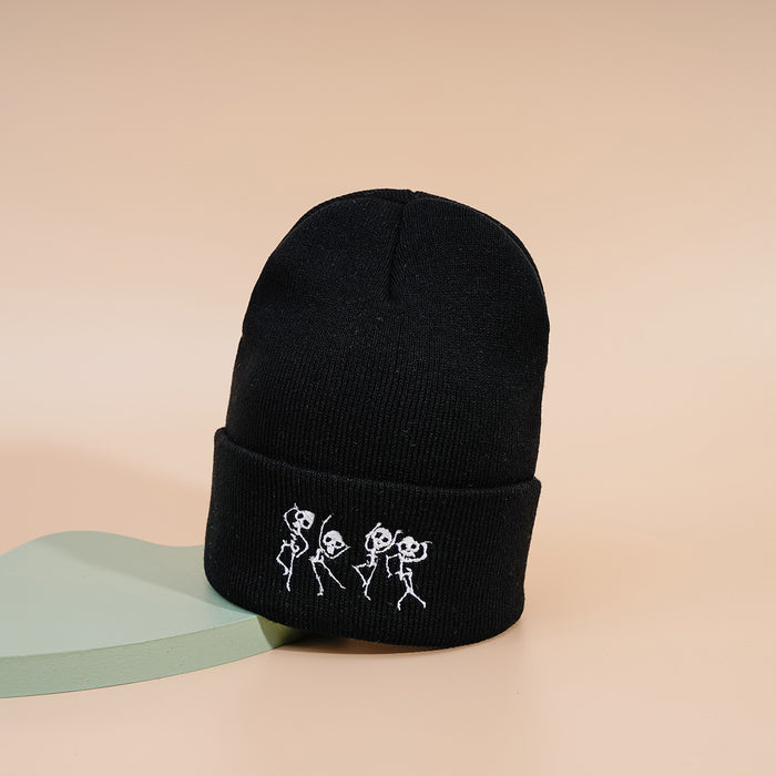 Wholesale Hat Wool Winter Warm Outdoor Embroidery Dancing Skull Knitted Hat MOQ≥2 JDC-FH-TangQ003