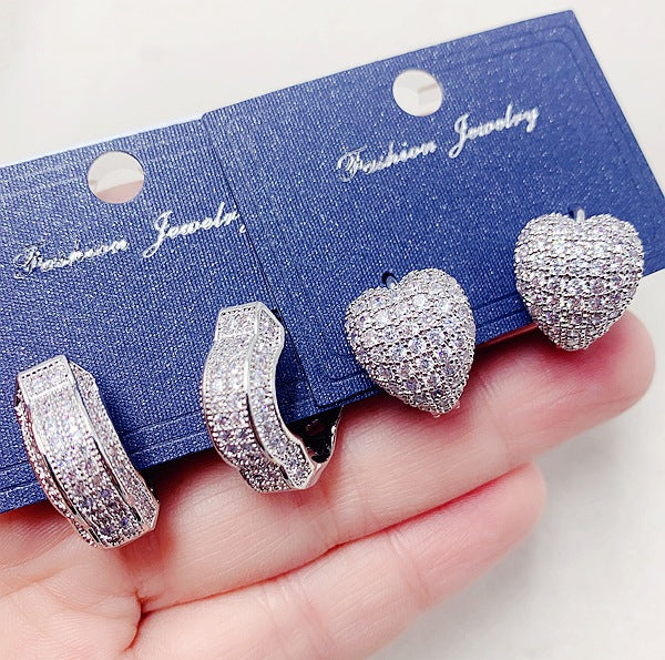 Wholesale Earrings Copper Micro Inlay Zircon Silver Heart Flower Earrings 10pcs JDC-ES-Pabo006