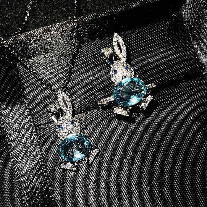 Wholesale Micro Inlaid Diamond Stud Earrings Imitation Natural Sky Blue Topaz Pendant Cute Open Rabbit Ring JDC-NE-ZhenR002