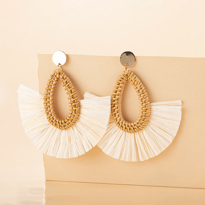 Wholesale rattan tassel earrings women's high-end fan-shaped  MOQ≥3 JDC-ES-XLH005