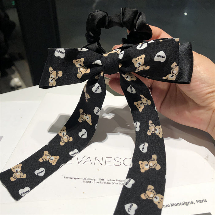 Wholesale Hair Scrunchies Fabric Polka Dot Bear Print Bow MOQ≥2 JDC-HS-Ruichong003