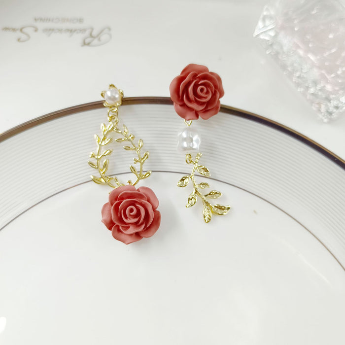 Wholesale S925 Silver Needle Asymmetric Pearl Rose Flower Earrings JDC-ES-HZQ010