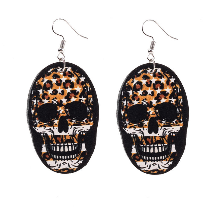 Wholesale rose leopard print star funny skull pu leather earrings JDC-ES-saip053