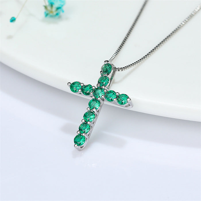 Wholesale Aqua Blue Birthstone Cross Pendant Necklace JDC-NE-ery002