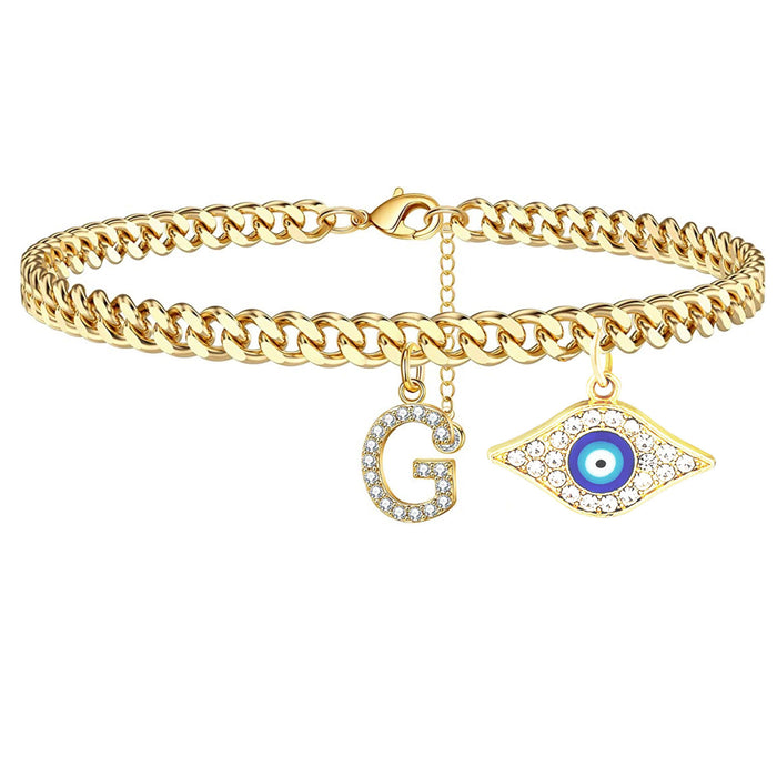 Wholesale 26 English Alphabet Devil's Eye Pendant Cuban Chain Alphabet Anklet JDC-AS-JinM001