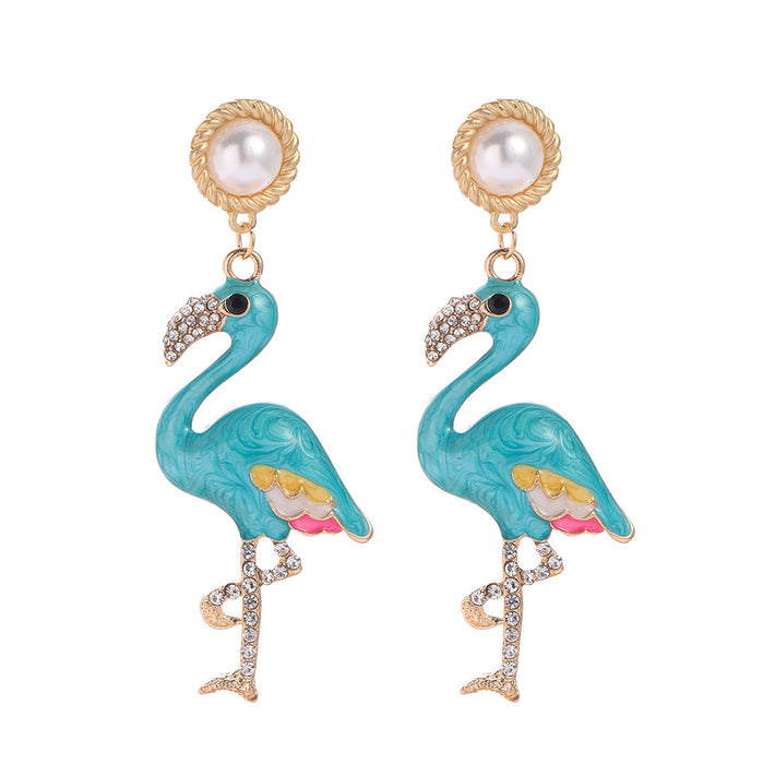 Wholesale Earrings Alloy Enamel White Crane Pendant Pearl Stud Earrings MOQ≥2 JDC-ES-JUYAO011