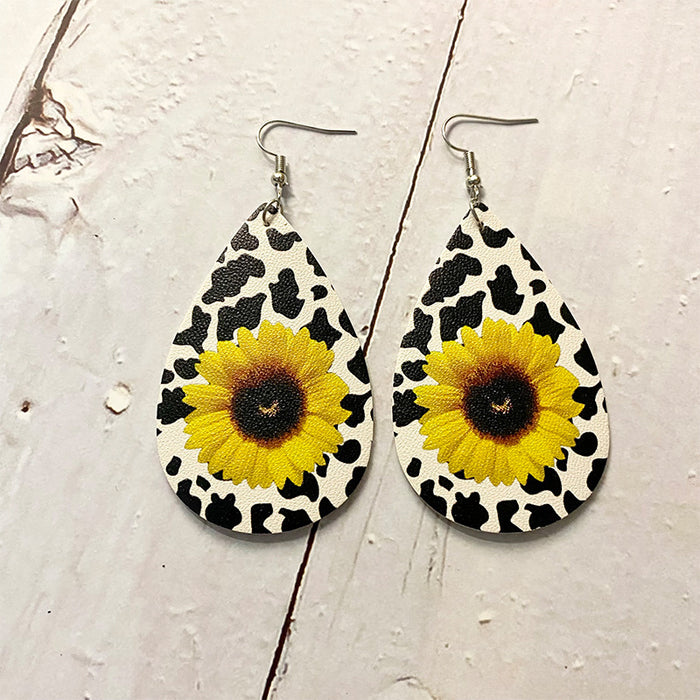 Wholesale Earrings Leather Leopard Sunflower Print Earrings 2 pairs JDC-ES-Qunyi015