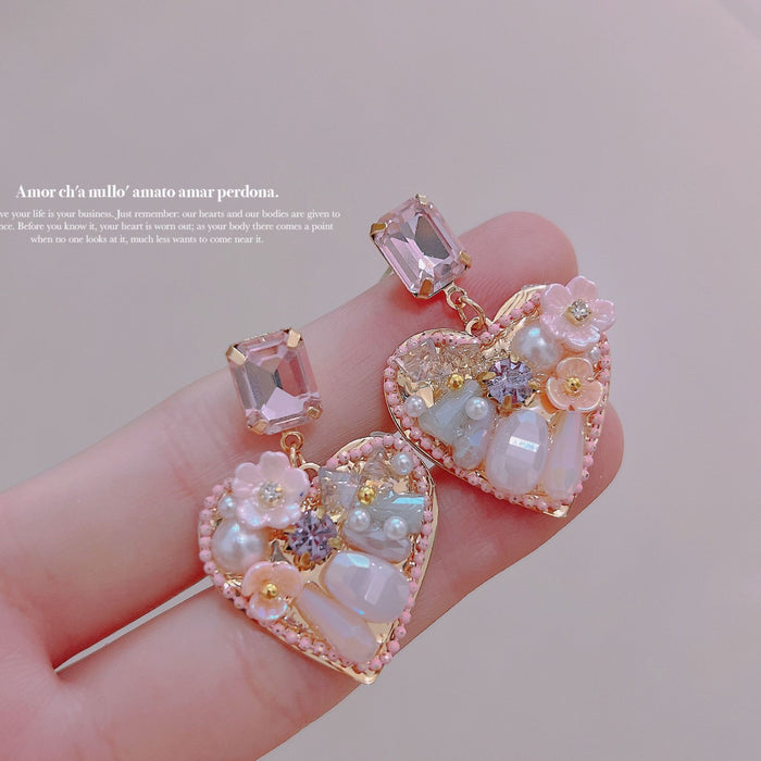 Wholesale Shell Flower Pearl Crystal Silver Needle Heart Alloy Earrings JDC-ES-Qiant011