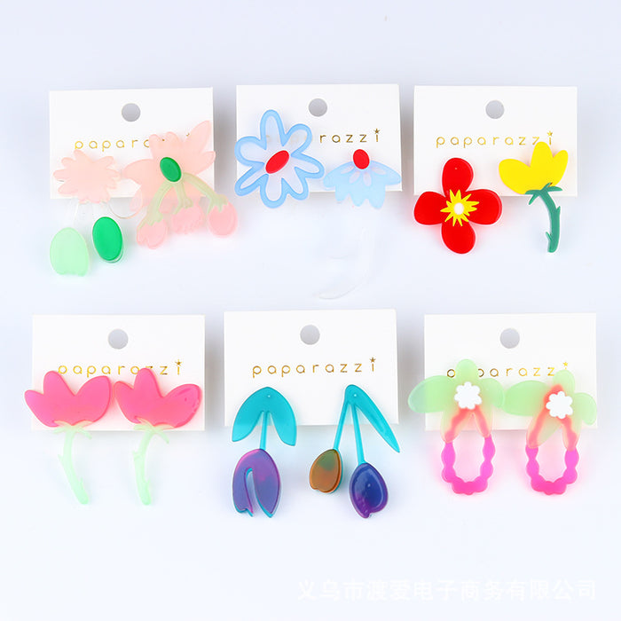 Wholesale Small Fresh Earrings Asymmetric Acrylic Embossed Printed Flowers MOQ≥2 JDC-ES-DUAI026