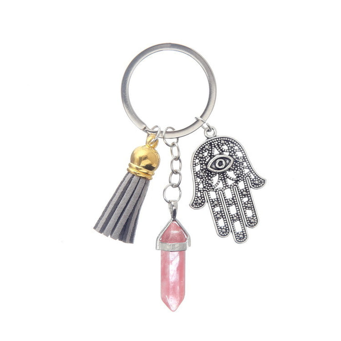 Wholesale Fatima Palm Tassel Crystal Hexagonal Post Alloy Keychain JDC-KC-Cy001