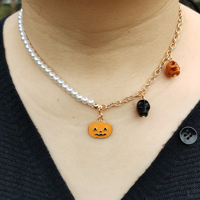 Wholesale Bracelet Alloy Halloween Skull Pearl Clavicle Chain MOQ≥2 JDC-NE-HaoL023