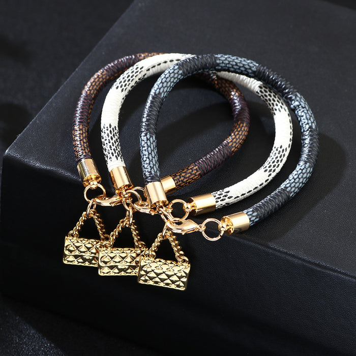 Wholesale Fashion Real Gold Plated PU Leather Plaid Bracelet (F) JDC-BT-QiN006