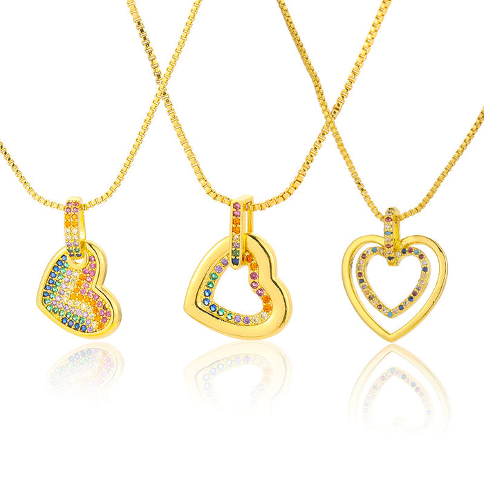 Wholesale Fashion Colorful Brass 18k Gold Zircon Peach Heart Double Layer Necklace JDC-NE-DRY003